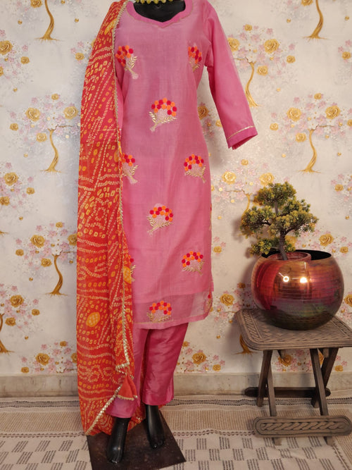 DESIGNER EMBRIDERY SUPERNET FABRIC SUIT WITH BANDHEJ DUPATTA
