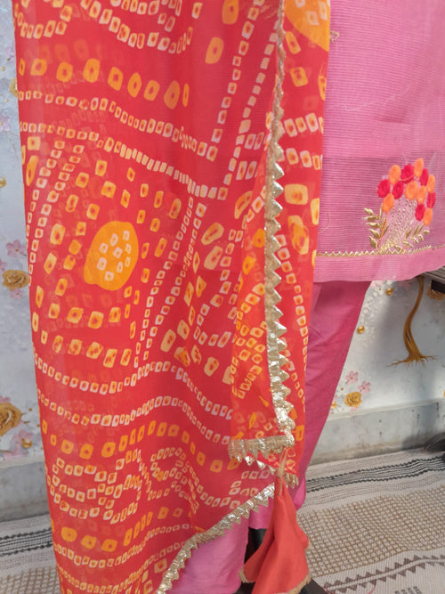 DESIGNER EMBRIDERY SUPERNET FABRIC SUIT WITH BANDHEJ DUPATTA