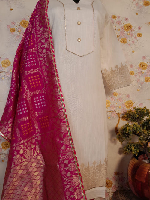 Pearl White Banarsi Silk Suit with Rani Silk Dupatta