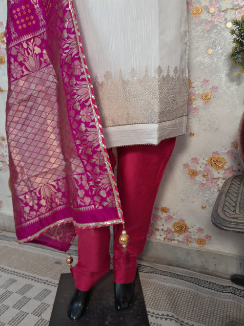 Pearl White Banarsi Silk Suit with Rani Silk Dupatta
