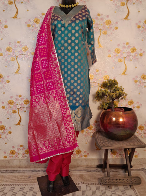 Teal Blue Banarsi Silk Suit With Rani Silk Dupatta