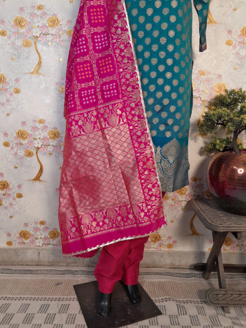 Teal Blue Banarsi Silk Suit With Rani Silk Dupatta