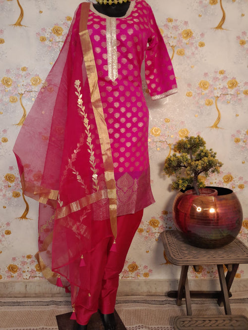 Rani Color Banarsi Silk Suit WIth Organza Silk Dupatta