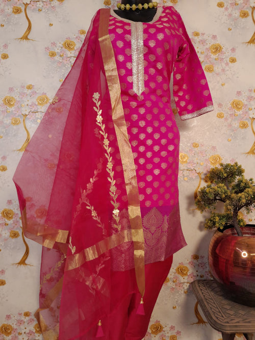 Rani Color Banarsi Silk Suit WIth Organza Silk Dupatta