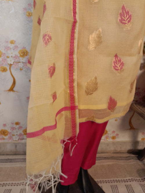 YELLOW KOTA DORIYA SUITS WITH KOTA DORIYA ZARI WEAVING & RESHAM BORDER DUPATTA