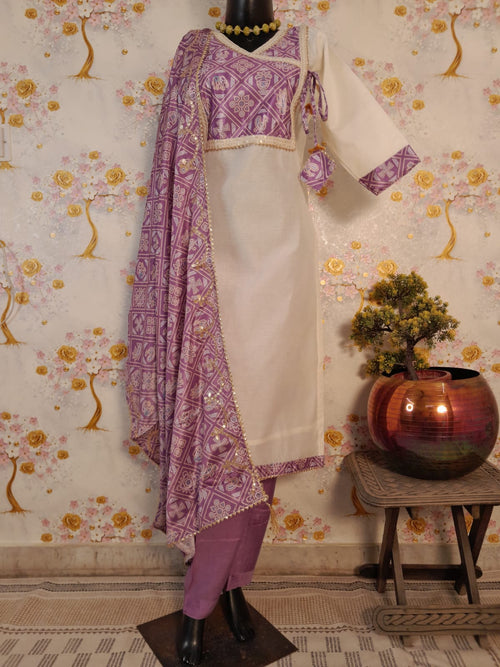 DESIGNER PERAL WHITE HANCLOOM CHANDERI SUIT WITH LAVENDER CHINON SILK DUPATTA