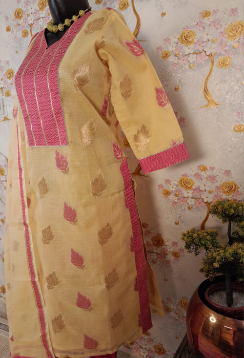 YELLOW KOTA DORIYA SUITS WITH KOTA DORIYA ZARI WEAVING & RESHAM BORDER DUPATTA