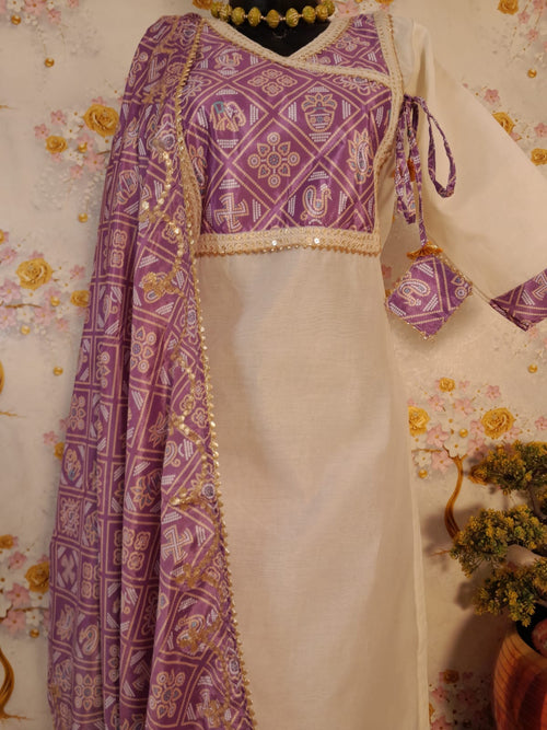 DESIGNER PERAL WHITE HANCLOOM CHANDERI SUIT WITH LAVENDER CHINON SILK DUPATTA