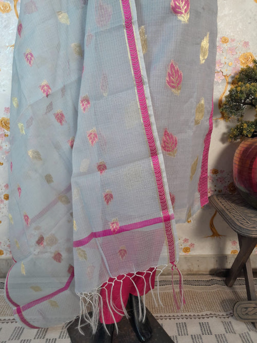 GREY KOTA DORIYA SUITS WITH KOTA DORIYA ZARI WEAVING & RESHAM BORDER DUPATTA