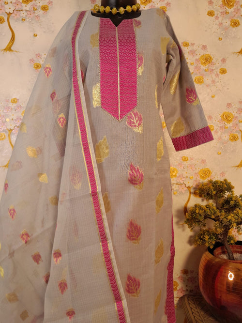 GREY KOTA DORIYA SUITS WITH KOTA DORIYA ZARI WEAVING & RESHAM BORDER DUPATTA