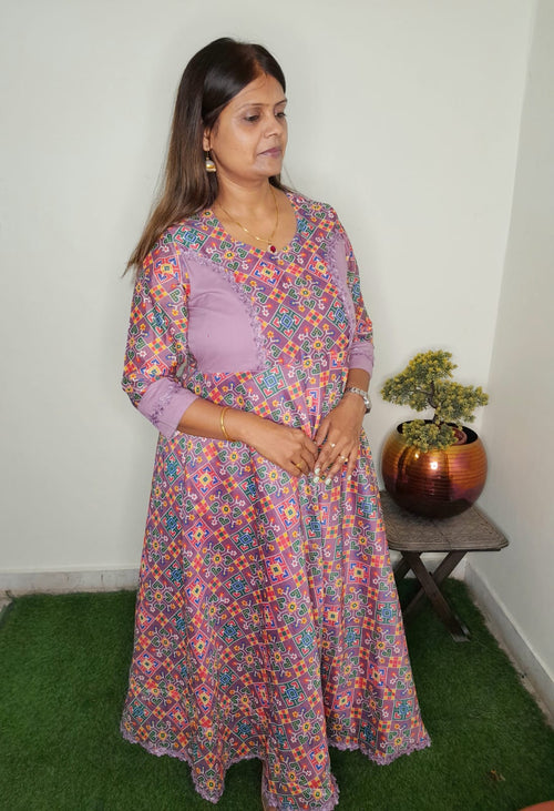 PATOLA PRINT WITH LAVENDER MUSLIN SILK DRESS WITH LINING