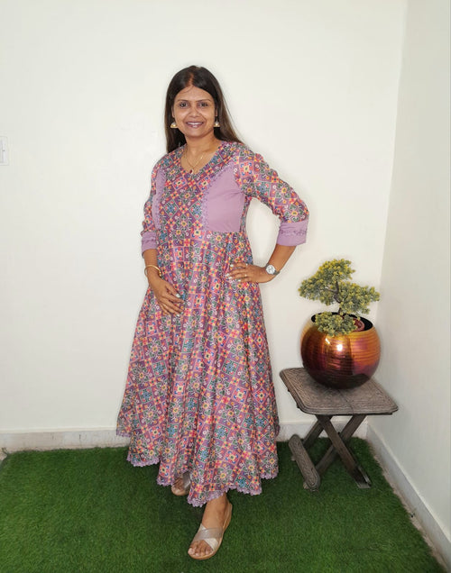 PATOLA PRINT WITH LAVENDER MUSLIN SILK DRESS WITH LINING