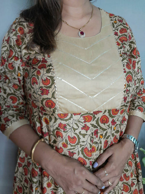 BEIGE WITH MULTI COLOR CREPE SOFT SILK DRESS WITH LINING