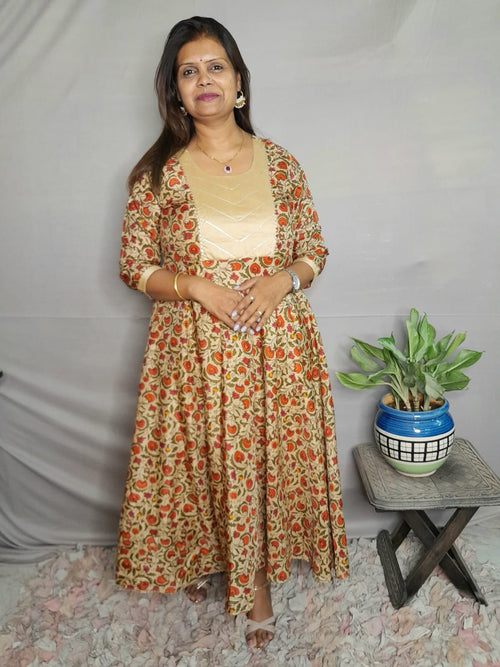 BEIGE WITH MULTI COLOR CREPE SOFT SILK DRESS WITH LINING