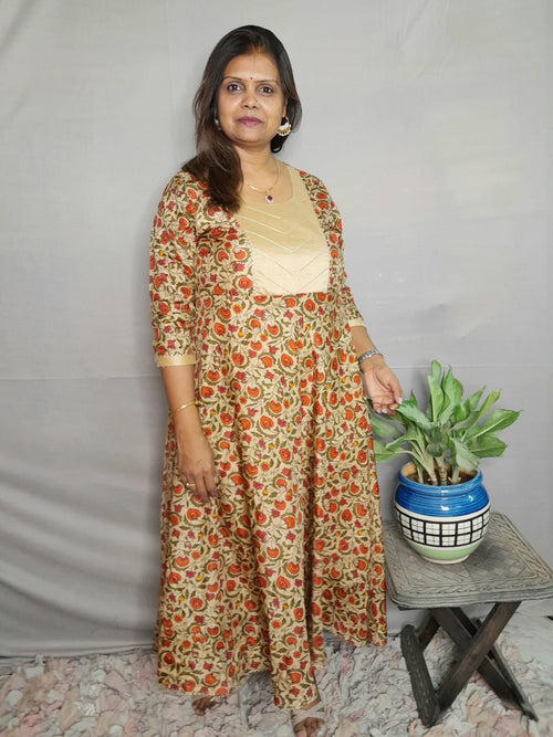 BEIGE WITH MULTI COLOR CREPE SOFT SILK DRESS WITH LINING