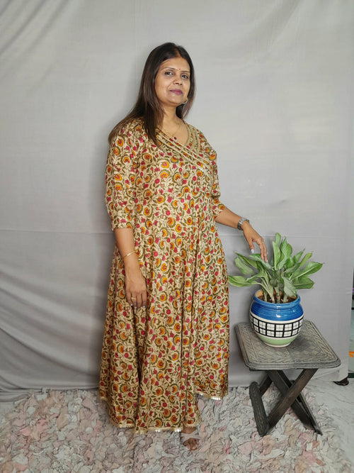 BEIGE WITH MULTI COLOR CREPE SOFT SILK DRESS WITH LINING