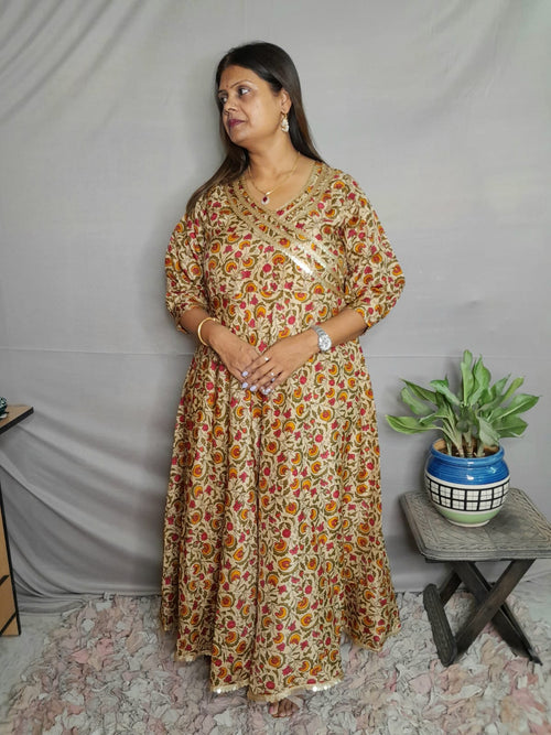 BEIGE WITH MULTI COLOR CREPE SOFT SILK DRESS WITH LINING