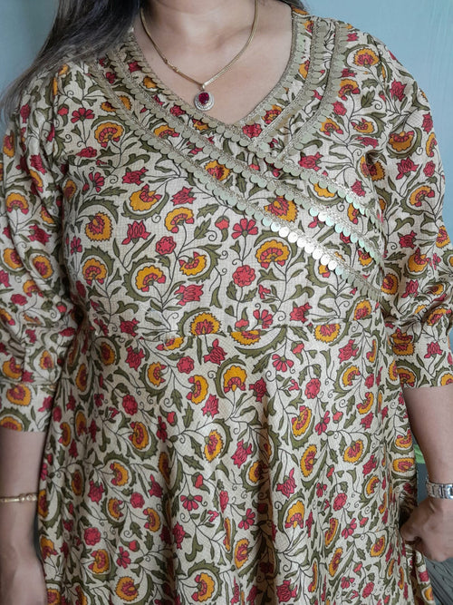 BEIGE WITH MULTI COLOR CREPE SOFT SILK DRESS WITH LINING