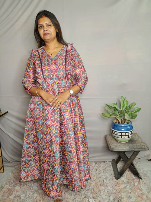 Patola Print Maroon Color Muslin Silk Dress