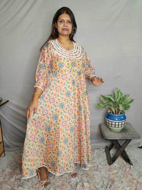 Patola Print Beige Color Muslin Silk Dress