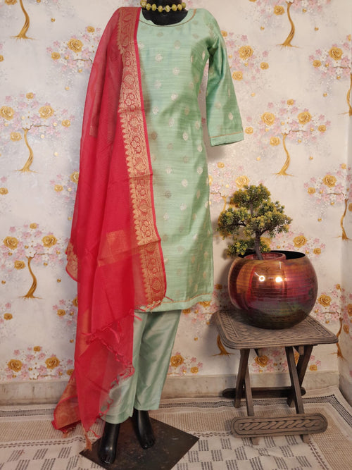 Pista Green Color Chinniya Silk Suit With Silk Dupatta