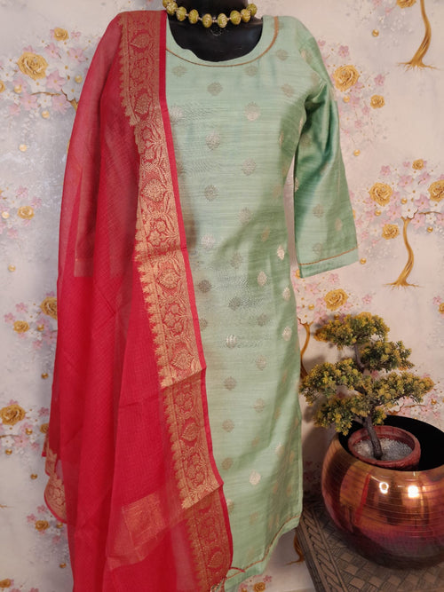 Pista Green Color Chinniya Silk Suit With Silk Dupatta