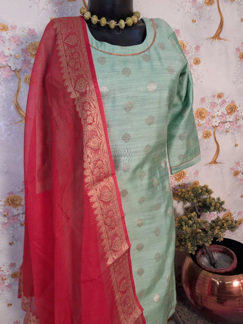 Pista Green Color Chinniya Silk Suit With Silk Dupatta
