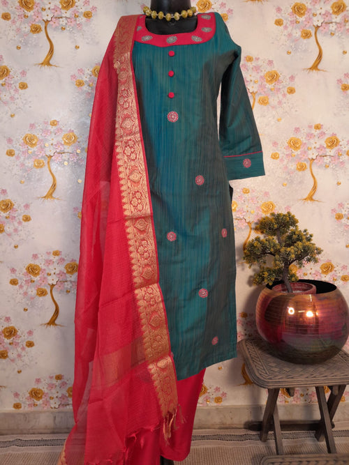 DARK GREEN COLOR SOFT SILK WITH KOTA SILK DUPATTA SUIT
