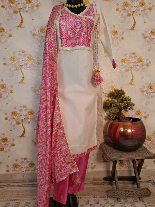 DESIGNER PERAL WHITE HANCLOOM CHANDERI SUIT WITH PINK CHINON SILK DUPATTA