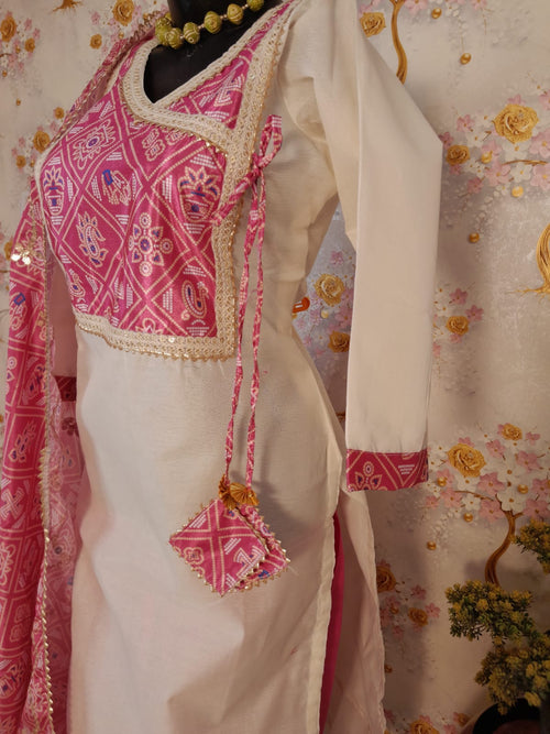 DESIGNER PERAL WHITE HANCLOOM CHANDERI SUIT WITH PINK CHINON SILK DUPATTA