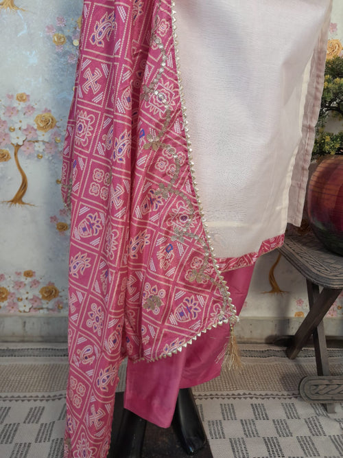 DESIGNER PERAL WHITE HANCLOOM CHANDERI SUIT WITH PINK CHINON SILK DUPATTA