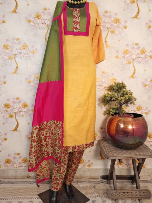 YELLOW COLOR HANDLOOM COTTON DESIGNER SUIT