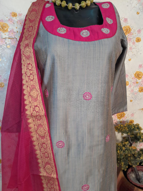 STEEL GREY COLOR SOFT SILK WITH KOTA SILK DUPATTA SUIT