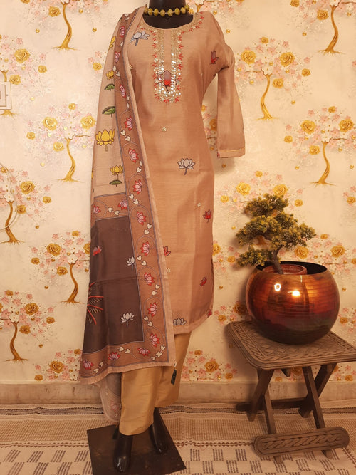 Pastel color Soft Silk Pichwai Print Hand Work Suit