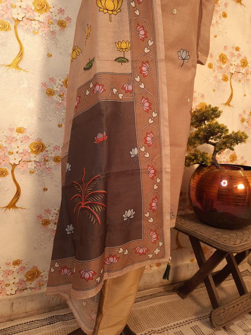 Pastel color Soft Silk Pichwai Print Hand Work Suit