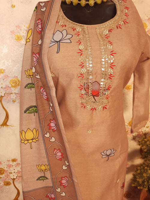 Pastel color Soft Silk Pichwai Print Hand Work Suit