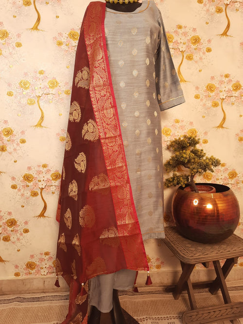 Pastel Color Chiniya Silk Zari Weaving Suit With Silk Dupatta
