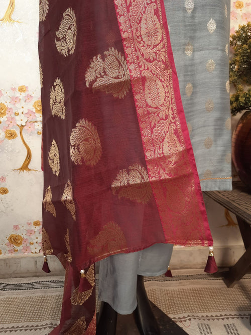 Pastel Color Chiniya Silk Zari Weaving Suit With Silk Dupatta