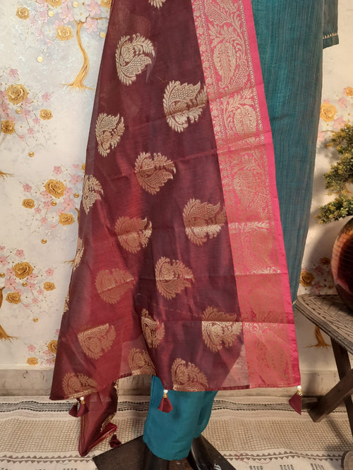 Steel Aqua Color Designer Raw Silk Suit