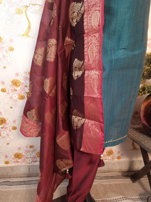 Steel Aqua Color Designer Raw Silk Suit