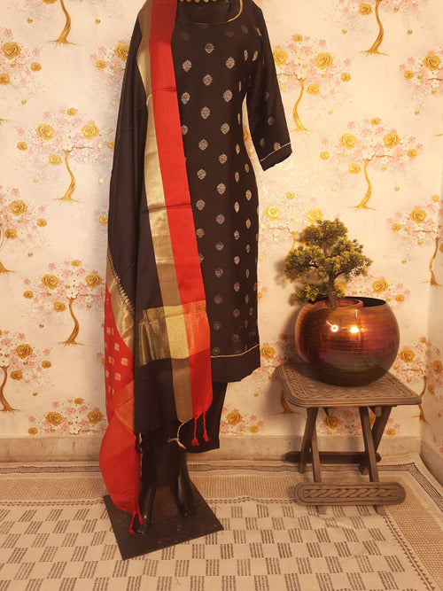 Black Color Chiniya Silk Zari Weaving Suit With Silk Dupatta