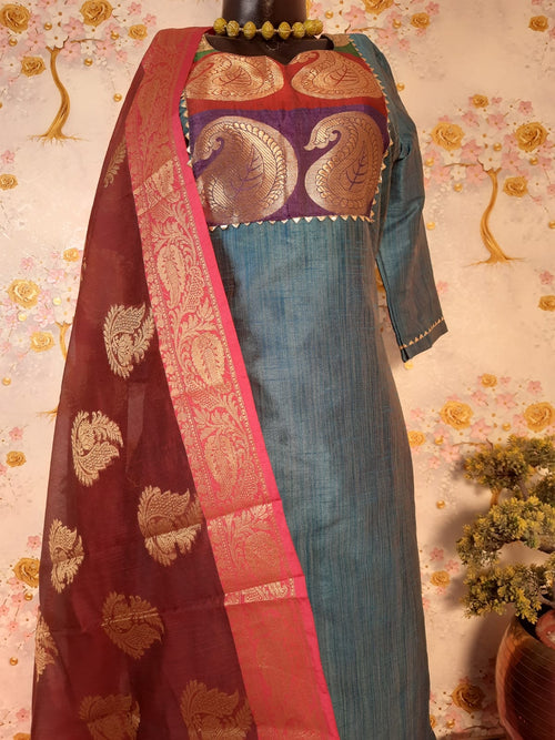 Steel Aqua Color Designer Raw Silk Suit