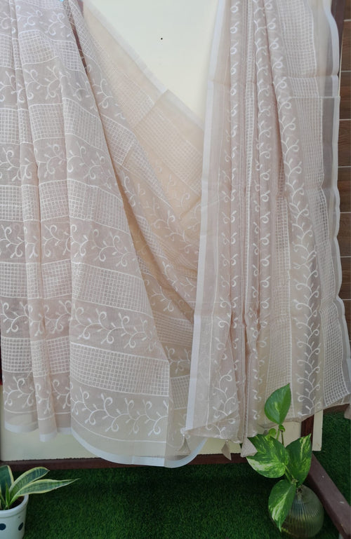 Beige Color Kota Doriya With Embroidery Saree