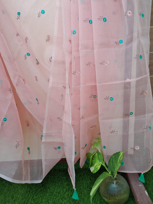 Light Peach Color Kota Doriya With Embroidery Saree