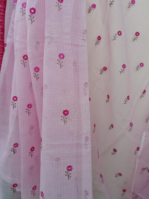 Light Pink Color Kota Doriya With Embroidery Saree