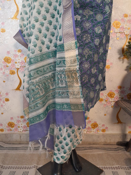 BLUE COLOR MAHESHWARI SILK BLOCK PRINT SUIT