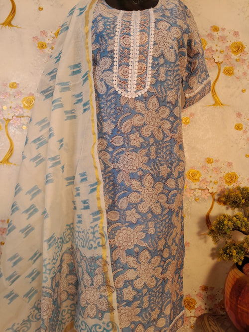 SKY BLUE COLOR HANDLOOM CHANDERI SILK BLOCK PRINT SUIT