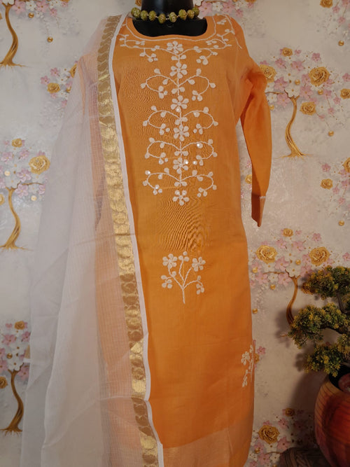 MANGO YELLOW COLOR HANDLOOM CHANDERI SILK APPLIQUE WORK SUIT
