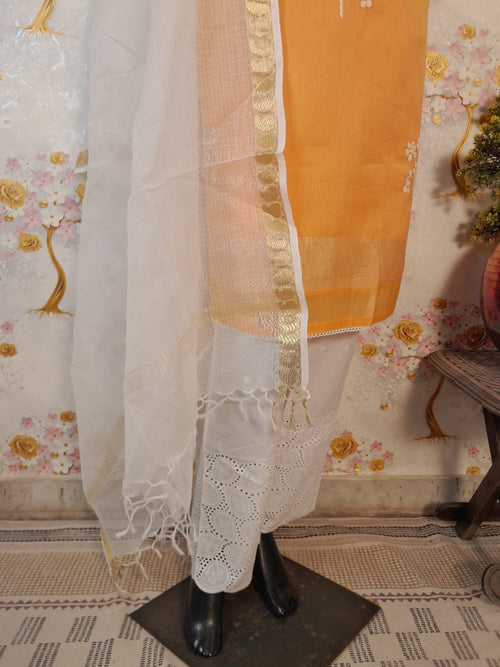 MANGO YELLOW COLOR HANDLOOM CHANDERI SILK APPLIQUE WORK SUIT