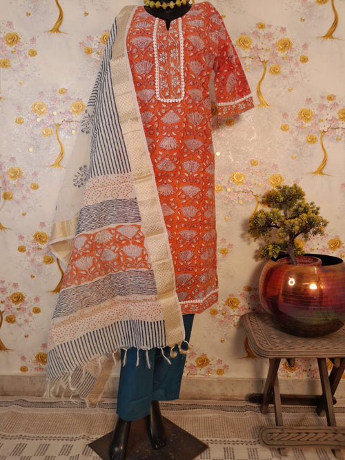 RUST COLOR MAHESHWARI SILK BLOCK PRINT SUIT